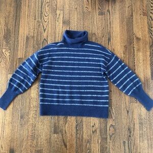LOFT Women’s M Navy Blue & Silver Striped Turtleneck Sweater w/Puffed Sleeves